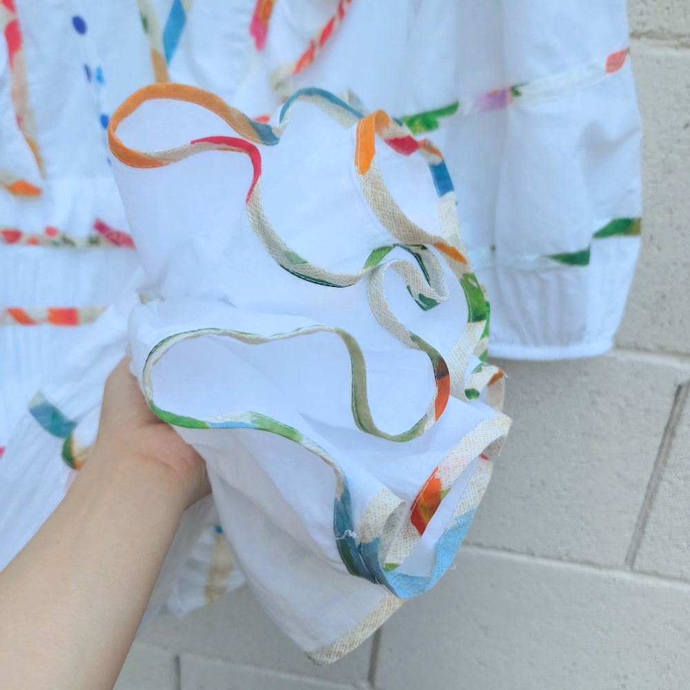 Farm Rio | Mixed Off-White Prints Midi Tiered Dress White Rainbow Size Large - Picture 11 of 14
